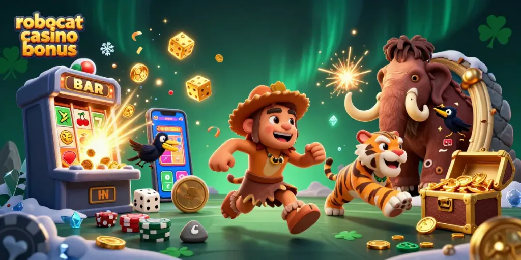 Experience the thrill of winning with the robocat casino bonus in a dynamic 3D scene packed with casino elements.