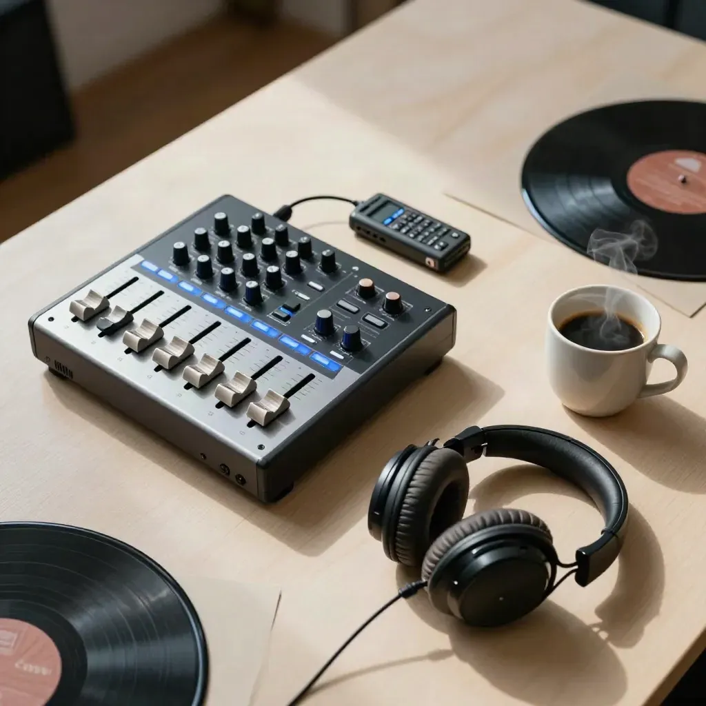 Mesa de radio con mixer, auriculares, grabador, café y funda de vinilo sobre madera clara.
