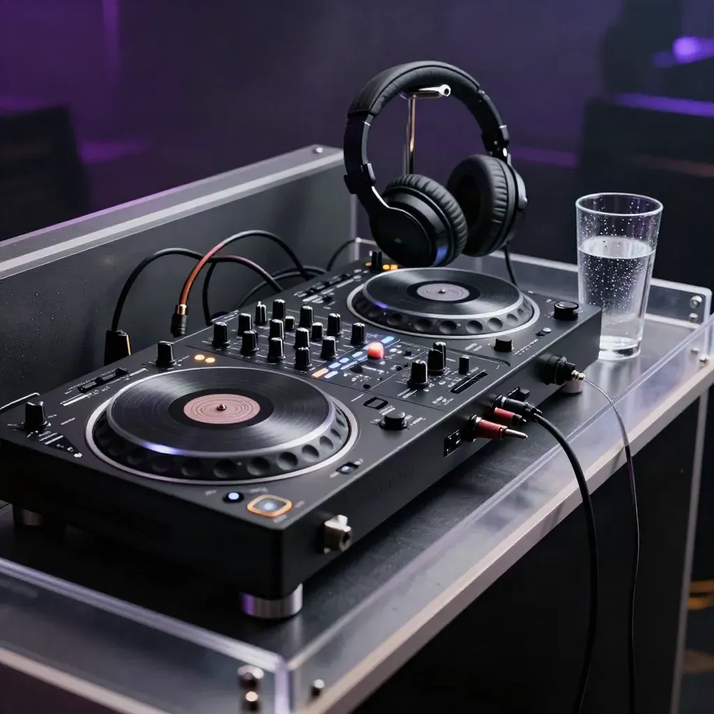 Dos reproductores DJ, mezclador y vaso frío con luces violetas en una cabina nocturna.