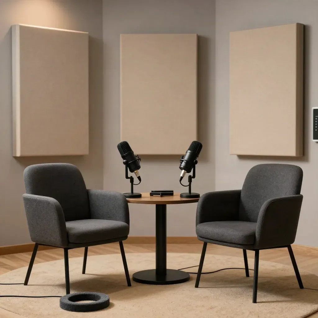 Dos micrófonos de podcast frente a frente con dos sillones vacíos en un estudio sereno.