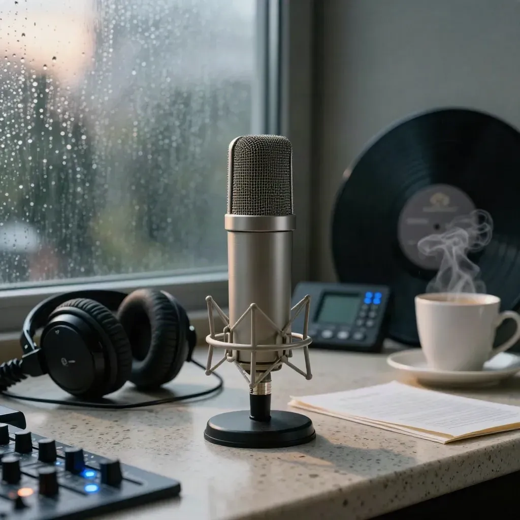 Cabina de radio con micrófono, auriculares, mezclador y vinilo bajo luz de amanecer lluvioso.