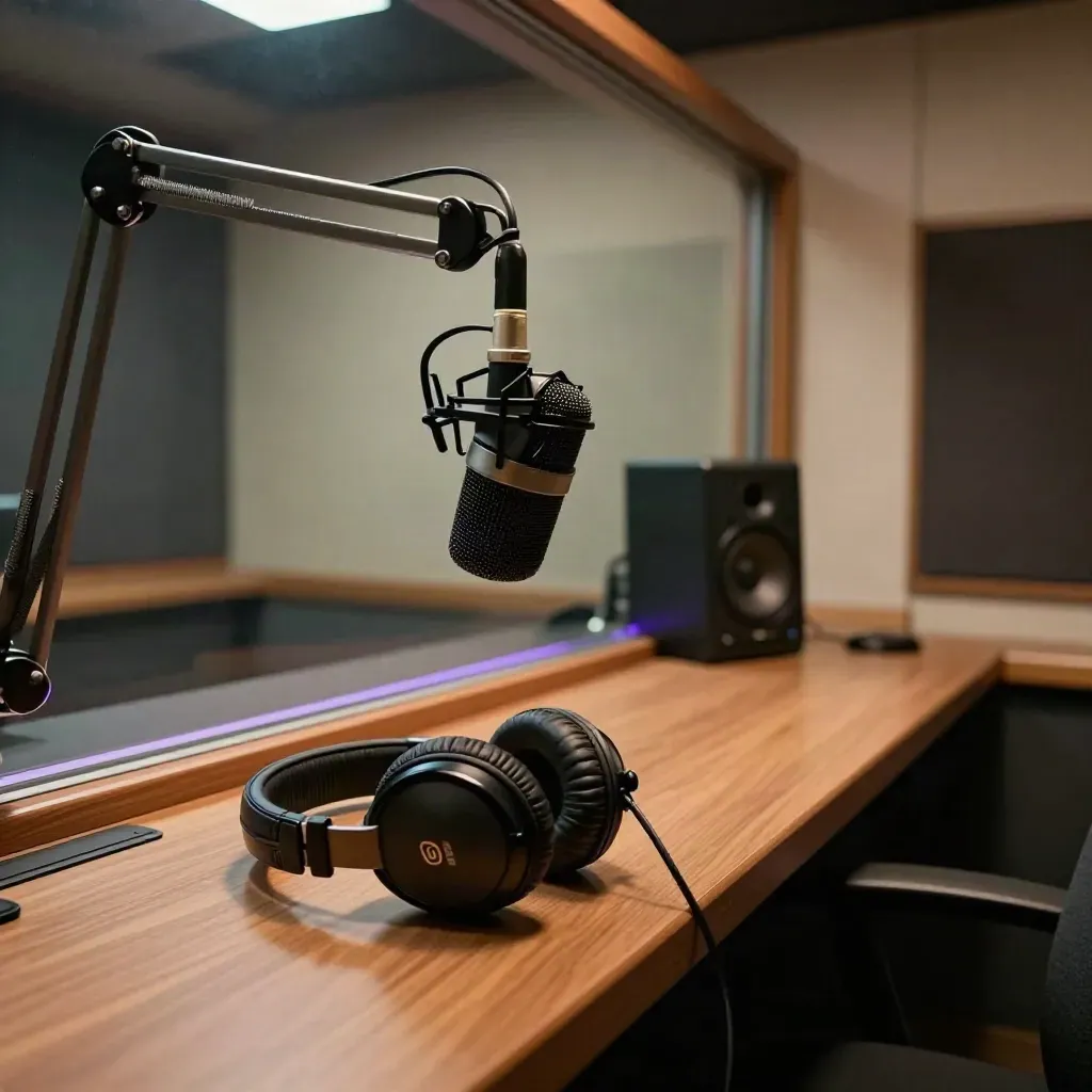 Cabina de radio nocturna con micrófono, auriculares y monitor, bañada en luz violeta suave.
