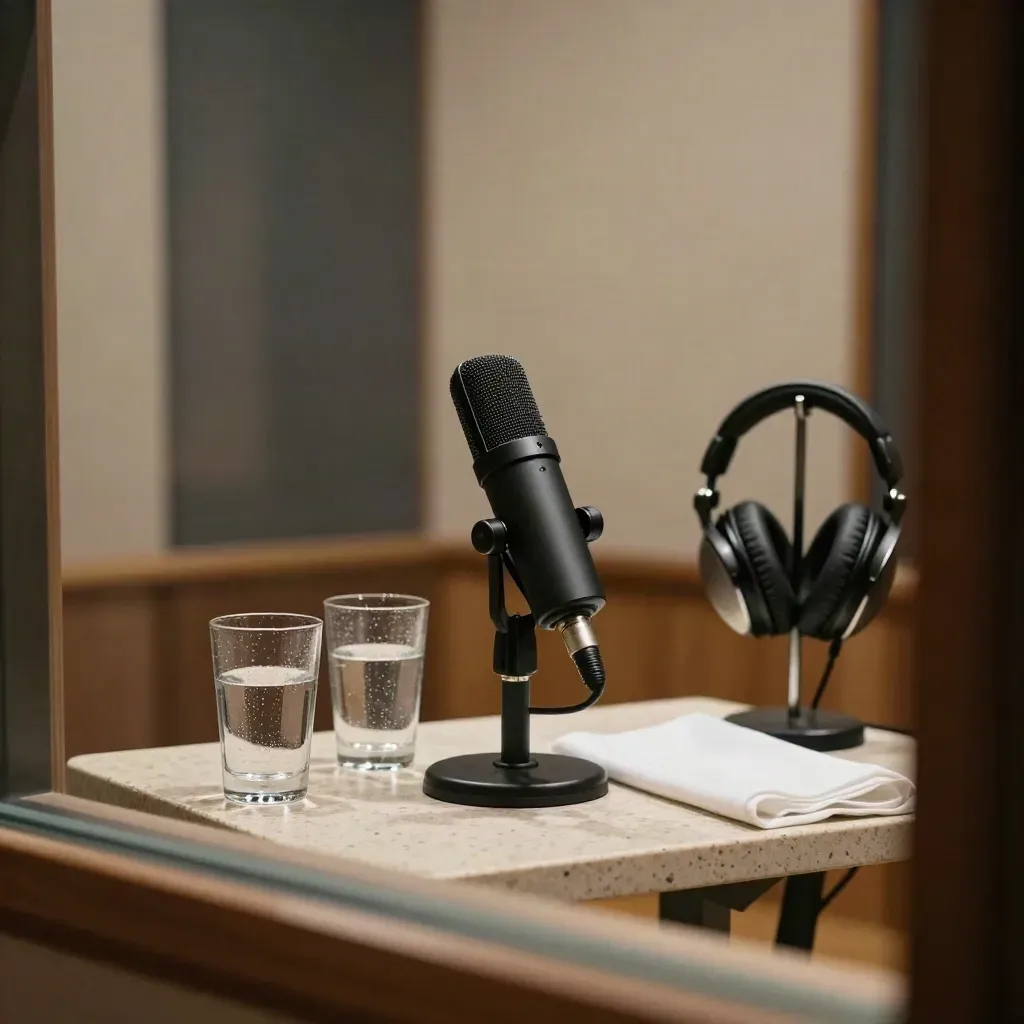 Micrófono, vasos de agua y soporte de auriculares en una cabina luminosa y tranquila.
