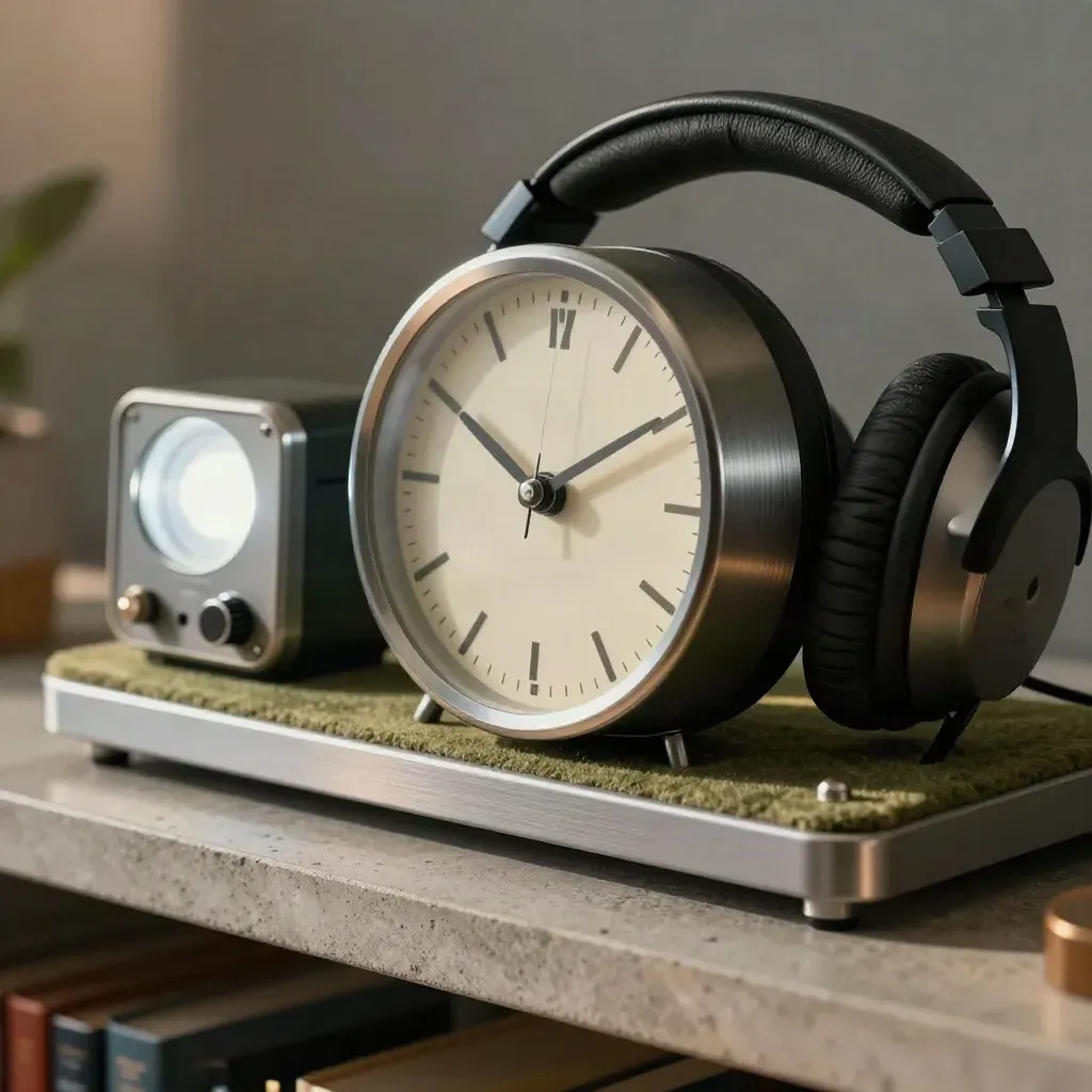 Reloj analógico, luz de cue, temporizador y auriculares plegados en una mesa de control de radio.