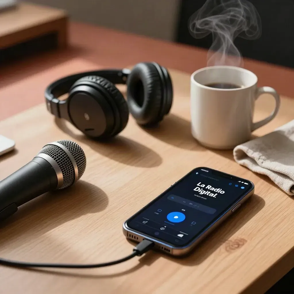 Móvil, micrófono, auriculares y taza humeante en una mesa cálida, listos para una petición al aire.