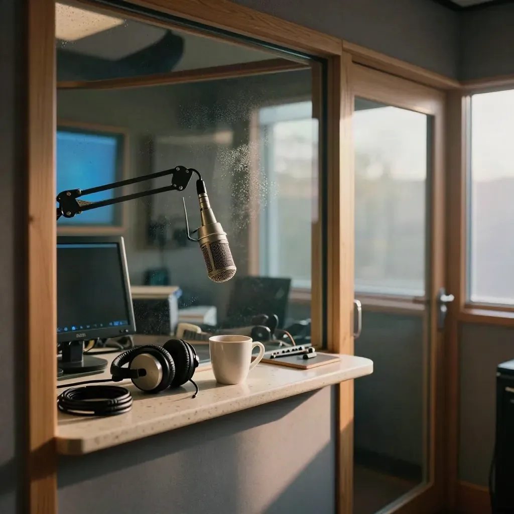 Cabina de radio matinal con micrófono, auriculares, café y monitor apagado tras cristal con condensación.
