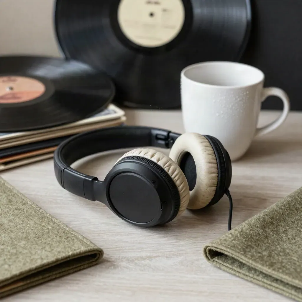 Auriculares sobre vinilos con una taza fría y luz lateral suave.
