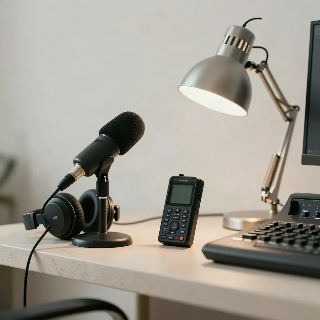 Mesa de noticias de audio con micrófono, auriculares, grabador y lámpara en oficina tranquila.