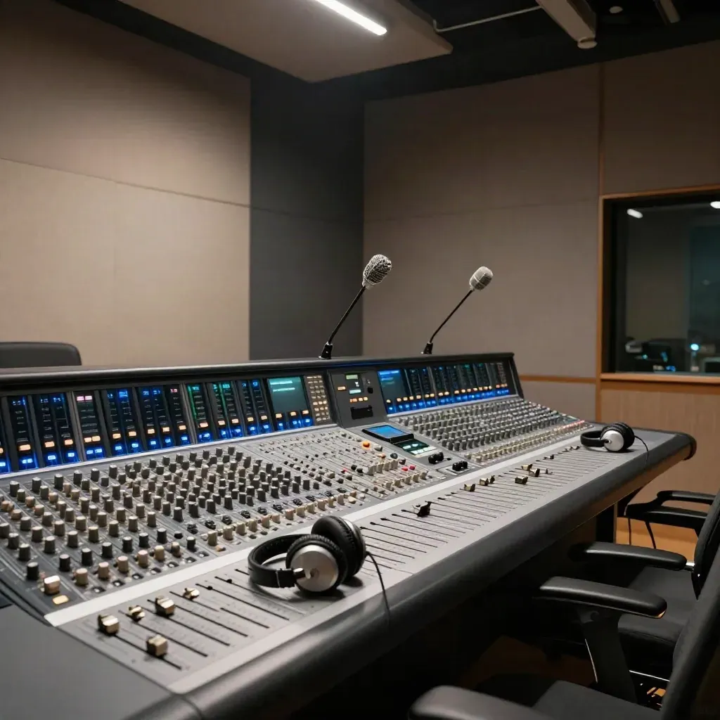 Cabina de radio con mesa de mezcla, dos micros, auriculares y vidrio iluminado en azul.