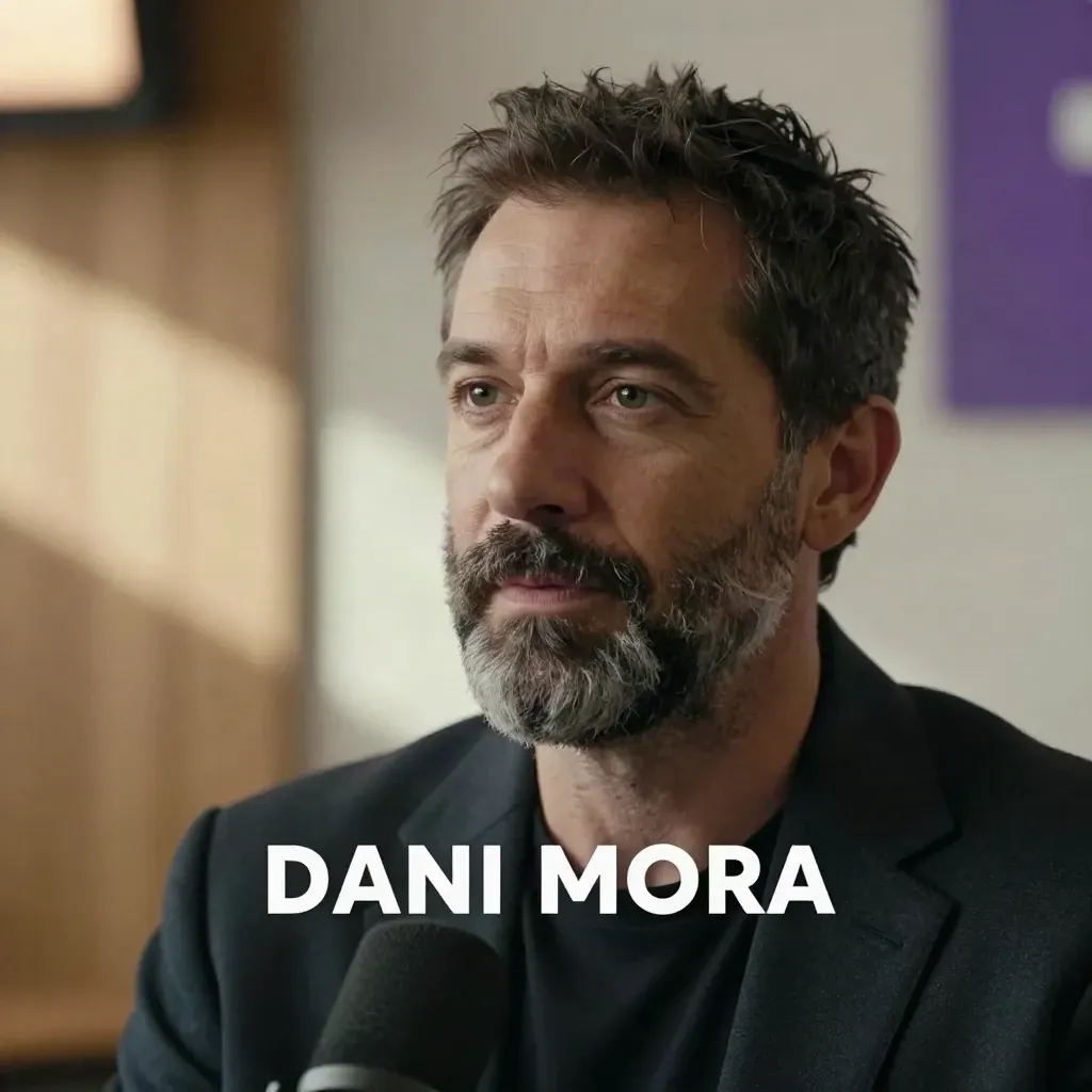 Retrato de Dani Mora en una entrevista de radio, con micrófono y luz cálida.