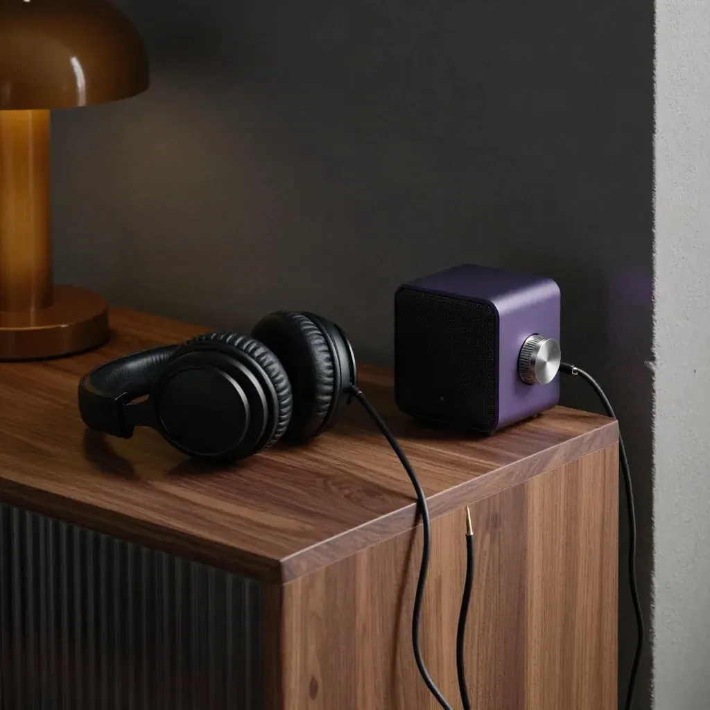 Mesa nocturna con auriculares, lámpara cálida y pequeño altavoz en sombra violeta