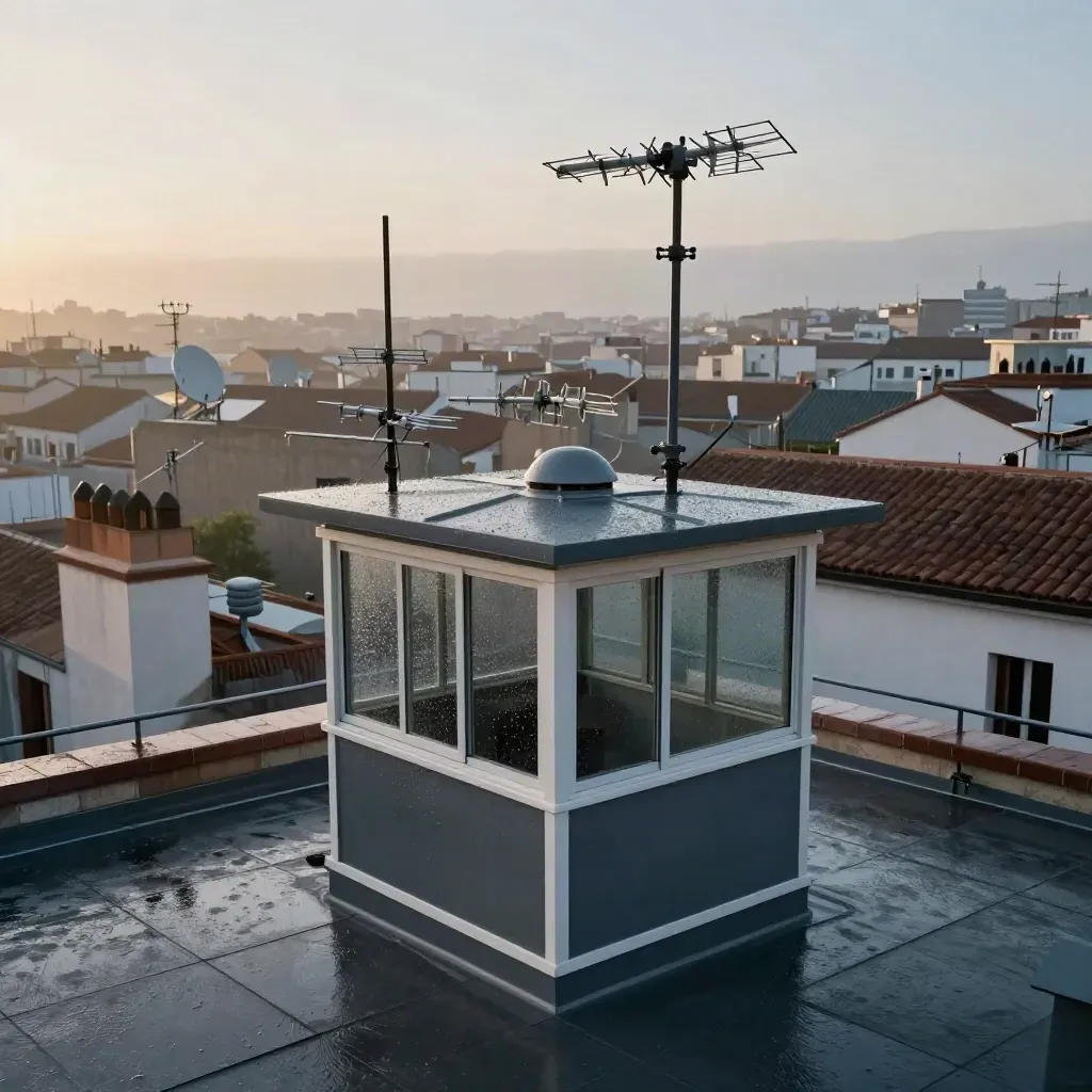 Vista aérea de Madrid al amanecer con antenas, tejados mojados y una cabina de radio en primer plano.