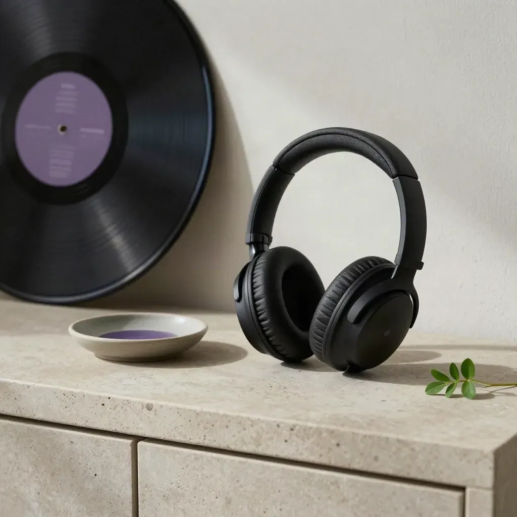 Auriculares de estudio, disco negro, rama verde y cuenco cerámico sobre una repisa de piedra.