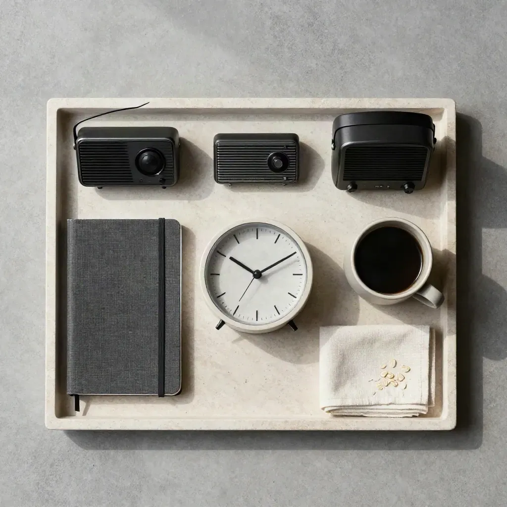 Reloj minimalista, libreta, taza y radio sobre una bandeja de piedra, estilo sobrio y ordenado.