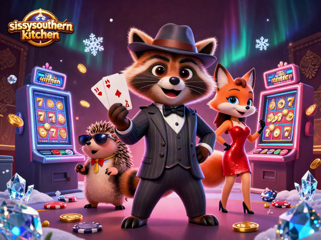 Sissy's Southern Kitchen evokes excitement with a colorful casino scene featuring delightful characters and slot machines.