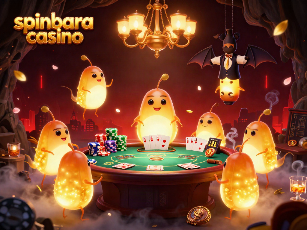 Engage with spinning action in Spinbara Casino’s vibrant 3D world featuring glowworm characters illuminating a lively game atmosphere.