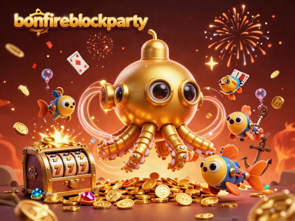 A dynamic bonfireblockparty gaming scenario with a golden kraken submarine amid treasures and slot elements.
