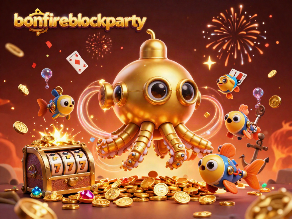 A dynamic bonfireblockparty gaming scenario with a golden kraken submarine amid treasures and slot elements.